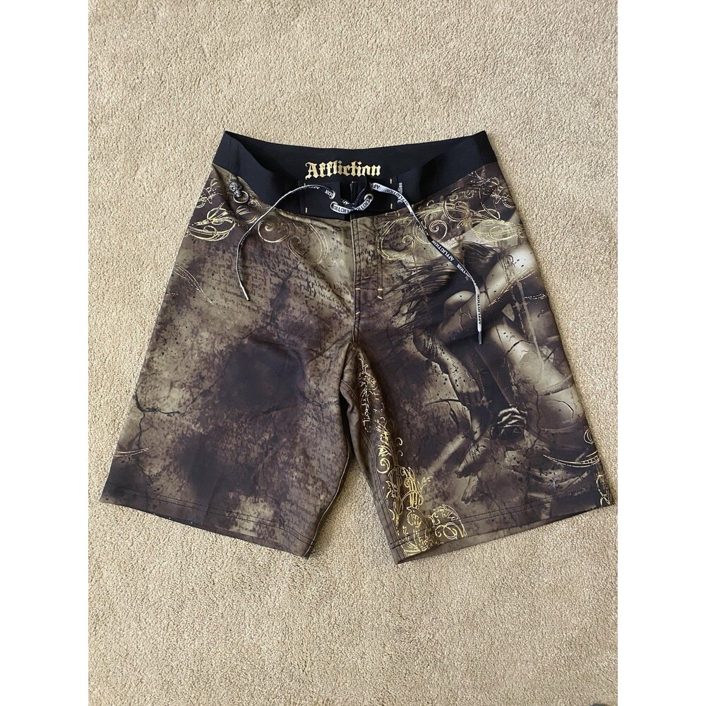 Affliction Vintage Y2K Skull Medallion Green Black Board Shorts Men’s Size 32